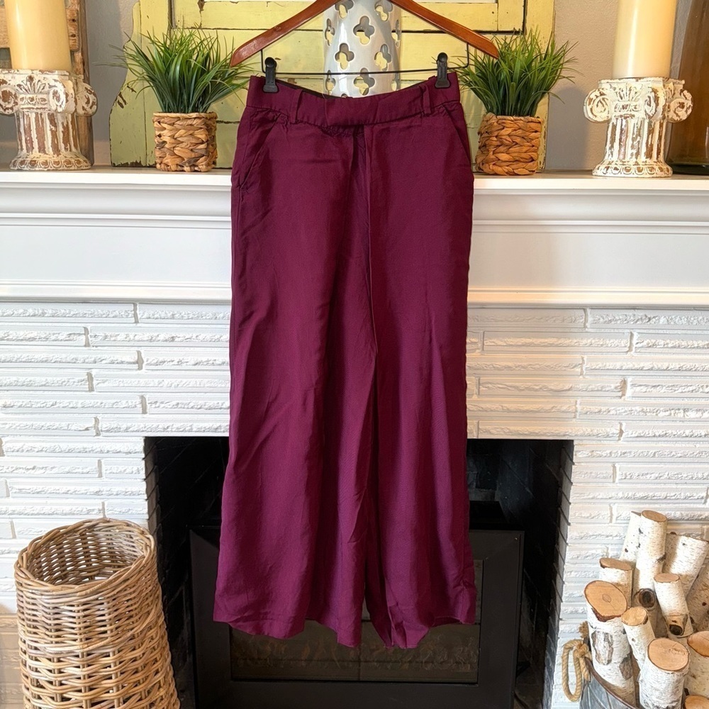 Zara Collection Burgundy High Waist Flowy Wide Leg Layered Trouser Pants Size S